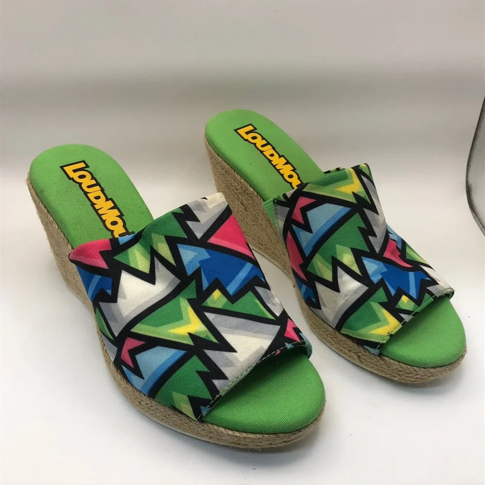 Loudmouth Marlene Womens‎ Green Geometric Print Espadrille Wedge Sandals Size 6M